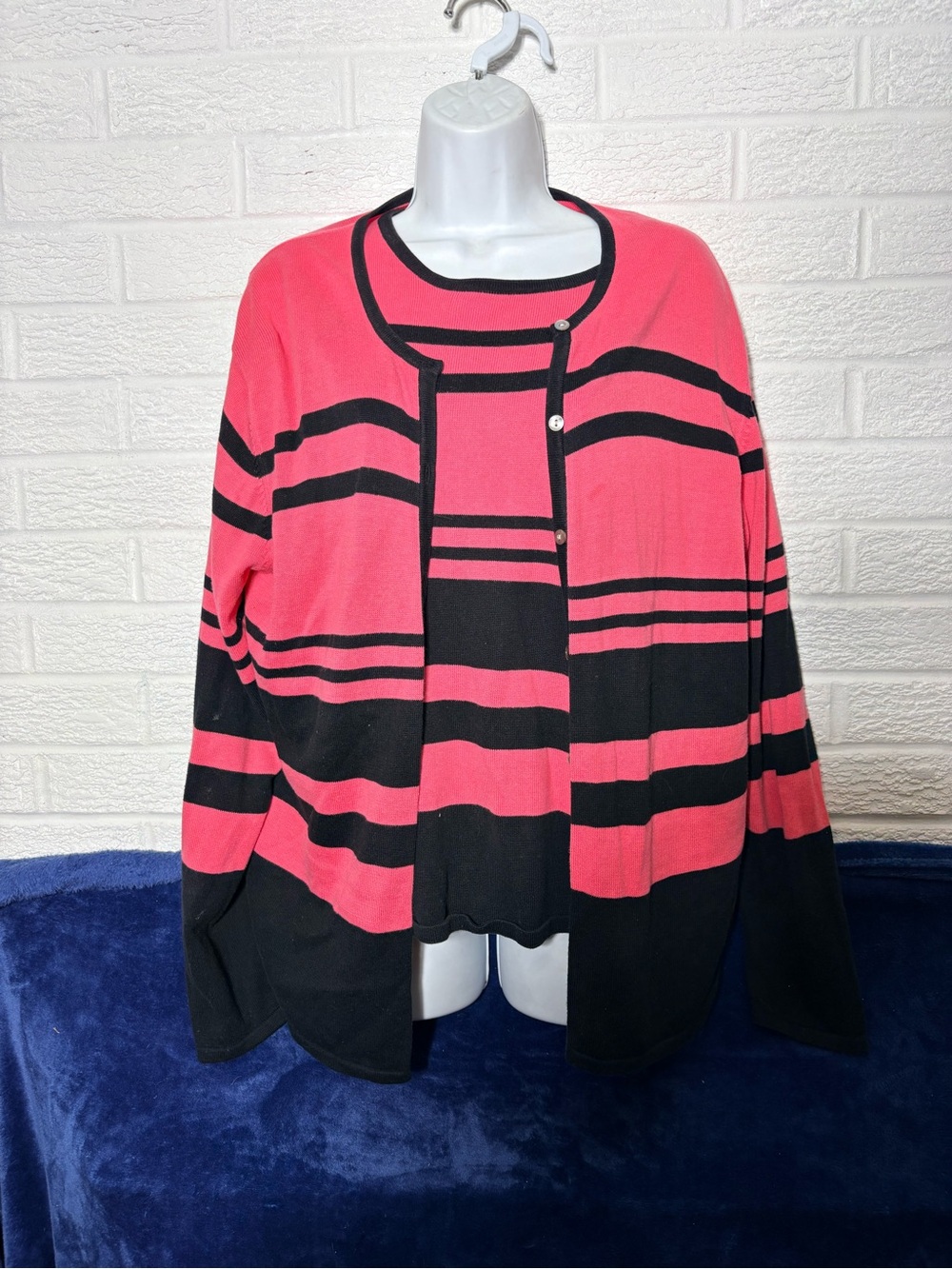 Liz Baker Black and Pink Striped Button-Front pull over and  Cardigan set